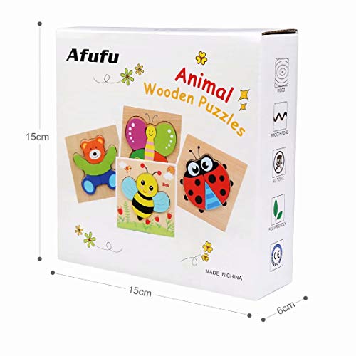 Afufu Wooden Jigsaw Puzzles for Toddlers 1 2 3 Years Old, Boys &Girls Educational Montessori Learning Toys Gift with 4 Animals Patterns, Bright Vibrant Color Shapes of Animal