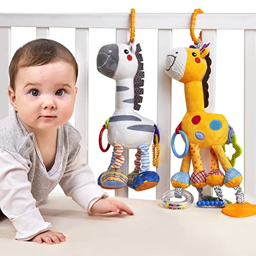 TUMAMA KIDS Baby Toys for 0,3,6,9,12 Months,Plush Animal Rattle Toys,Soft Baby Car Seat Stroller Pram Hanging Toys,Sensory Christmas Toys Gift for Infants Newborn Boys Girls(2 Pack) (TM278)