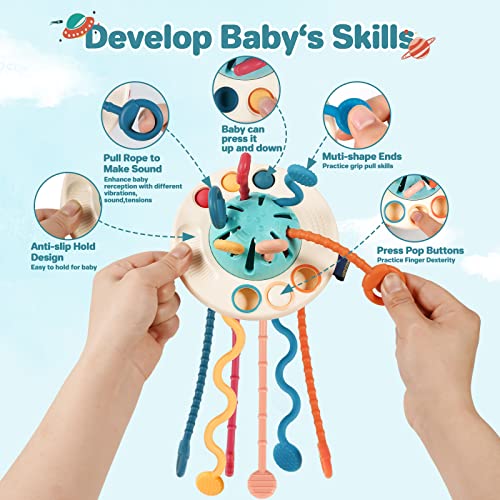 Kizmyee Montessori Toys, Baby Sensory Toys for Toddlers UFO Food Grade Silicone Pull String Activity Toy travel toys for toddlers