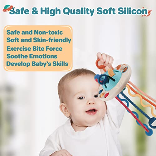 Kizmyee Montessori Toys, Baby Sensory Toys for Toddlers UFO Food Grade Silicone Pull String Activity Toy travel toys for toddlers
