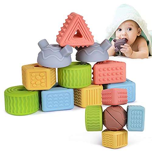 TUMAMA 18PCS Baby Blocks,Soft Building Blocks String Lacing Beads Toys,Montessori Sensory Stacking Toys Baby Teether Sensory Toys Bath toys for Toddlers Babies