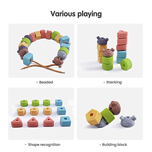 TUMAMA 18PCS Baby Blocks,Soft Building Blocks String Lacing Beads Toys,Montessori Sensory Stacking Toys Baby Teether Sensory Toys Bath toys for Toddlers Babies