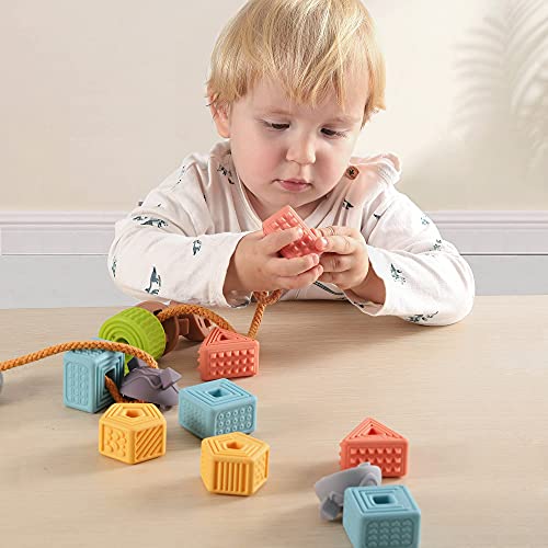 TUMAMA 18PCS Baby Blocks,Soft Building Blocks String Lacing Beads Toys,Montessori Sensory Stacking Toys Baby Teether Sensory Toys Bath toys for Toddlers Babies