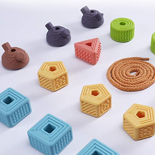 TUMAMA 18PCS Baby Blocks,Soft Building Blocks String Lacing Beads Toys,Montessori Sensory Stacking Toys Baby Teether Sensory Toys Bath toys for Toddlers Babies