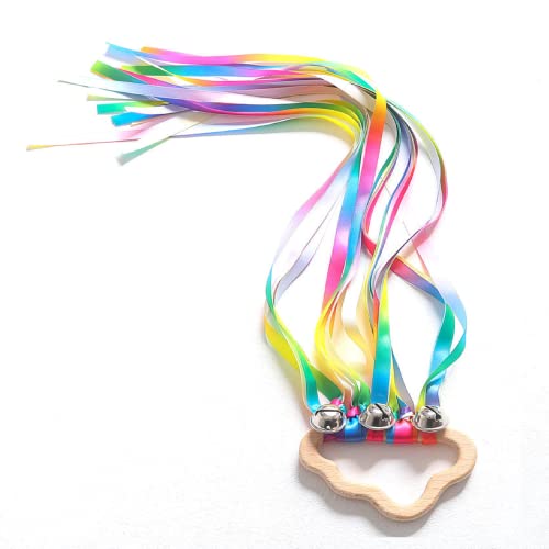 Rainbow Wooden Ribbon Ring Toys,Ribbon Hand Kite,Baby Teether Sensory Toy Cloud Ribbon Molar Wooden Circle,Hand-Eye Coordination Colour Learning Early Inspired Sensory Toys (Colourful)