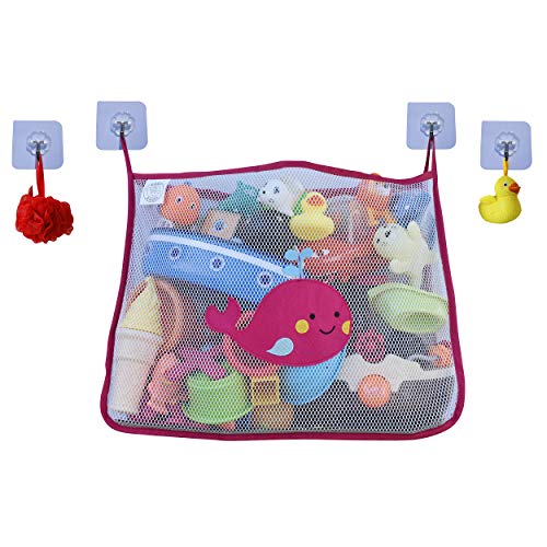 COSY ANGEL Baby Bath Toy Bag for Bath Toys Large Organiser Bathroom Storage Net with 4 Waterproof Self Adhesive Hooks (Pink)