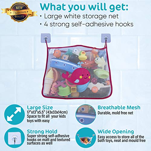 COSY ANGEL Baby Bath Toy Bag for Bath Toys Large Organiser Bathroom Storage Net with 4 Waterproof Self Adhesive Hooks (Pink)