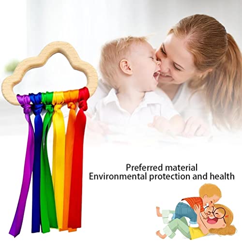 Rainbow Wooden Ribbon Ring Toys,Ribbon Hand Kite,Baby Teether Sensory Toy Cloud Ribbon Molar Wooden Circle,Hand-Eye Coordination Colour Learning Early Inspired Sensory Toys (Colourful)