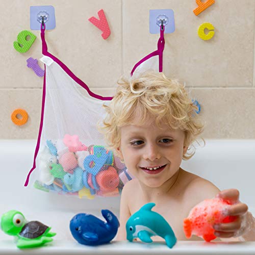 COSY ANGEL Baby Bath Toy Bag for Bath Toys Large Organiser Bathroom Storage Net with 4 Waterproof Self Adhesive Hooks (Pink)