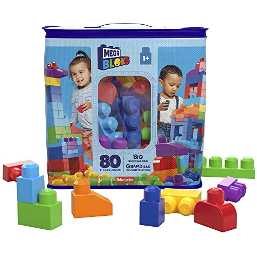 MEGA BLOKS Fisher-Price Toddler Block Toys, Big Building Bag with 80 Pieces and Storage, Blue, Gift Ideas for Kids Age 1+ Years, DCH63