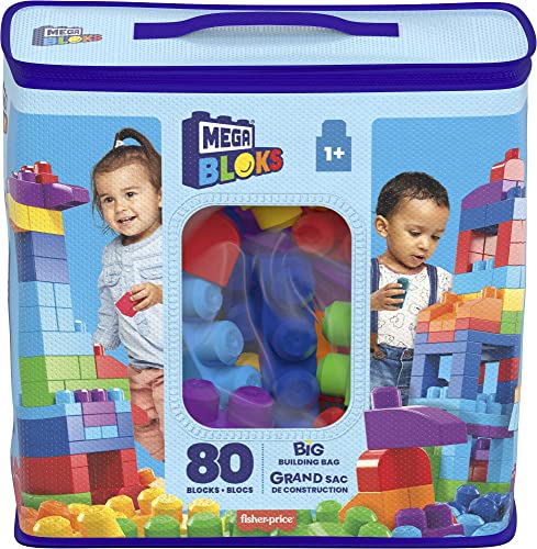 MEGA BLOKS Fisher-Price Toddler Block Toys, Big Building Bag with 80 Pieces and Storage, Blue, Gift Ideas for Kids Age 1+ Years, DCH63