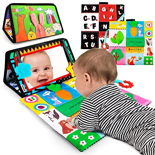 beetoy Tummy Time Mirror Toys, High Contrast Sensory Toys for Activity Montessori Newborn Toys with Crinkle Cloth Book & Teether for Foldable Baby Toys 0 3 6 Months