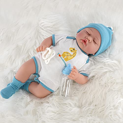 The Magic Toy Shop Bibi Doll - 17" Realistic Reborn Baby Doll Boy Handmade With Closed Sleeping Eyes, Pacifier, Baby Grow Outfit, Milk Bottle and Birth Certificate (Sleeping Boy)