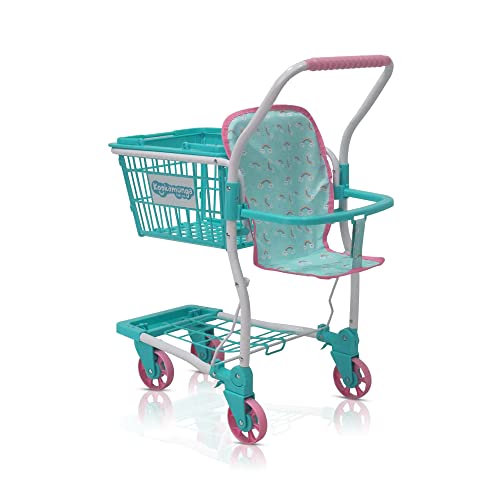 KOOKAMUNGA KIDS 2 in 1 Toy Shopping Cart with Hand Basket - Realistic Kids Grocery Cart with Baby Doll Front Seat Carrier - Toys for 2 to 7 Year Old Children - Blue Rainbow Colour
