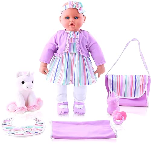 KOOKAMUNGA KIDS 18 Inch Baby Doll & Matching Care Accessories Gift Set | Lifelike Soft Body | Care Essentials Include Nappy Changing Bag, Blanket, Bib, Bottle, Pacifier & Plush Unicorn