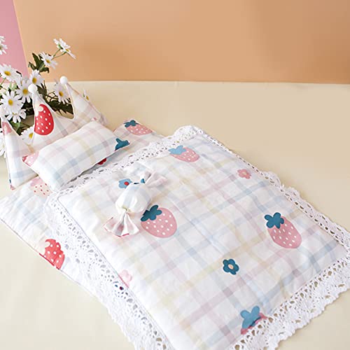 Doll Bedding Set, Cartoon Pattern Dolls Accessories Pillow And Blanket Set, Bedroom Furniture Accessory for Dolls, Washable Doll Bedding Set for Kids Pretend Play house Game Toy (A)