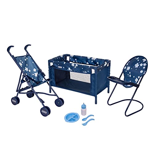 HTI Mamas & Papas Junior Nursery Bundle | 7 Piece Nursery Playset Doll Highchair, Feeding Set, Stroller & Cot Included | Prams, Pushchairs and Dolls Accessories For Kids Boys & Girls Age 3 Years+