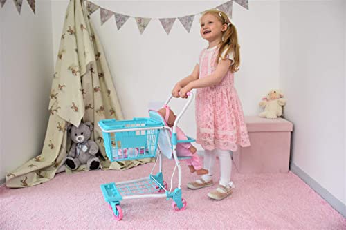 KOOKAMUNGA KIDS 2 in 1 Toy Shopping Cart with Hand Basket - Realistic Kids Grocery Cart with Baby Doll Front Seat Carrier - Toys for 2 to 7 Year Old Children - Blue Rainbow Colour