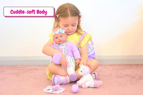 KOOKAMUNGA KIDS 18 Inch Baby Doll & Matching Care Accessories Gift Set | Lifelike Soft Body | Care Essentials Include Nappy Changing Bag, Blanket, Bib, Bottle, Pacifier & Plush Unicorn