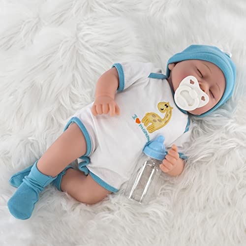 The Magic Toy Shop Bibi Doll - 17" Realistic Reborn Baby Doll Boy Handmade With Closed Sleeping Eyes, Pacifier, Baby Grow Outfit, Milk Bottle and Birth Certificate (Sleeping Boy)