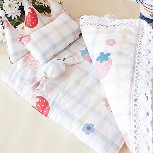 Doll Bedding Set, Cartoon Pattern Dolls Accessories Pillow And Blanket Set, Bedroom Furniture Accessory for Dolls, Washable Doll Bedding Set for Kids Pretend Play house Game Toy (A)