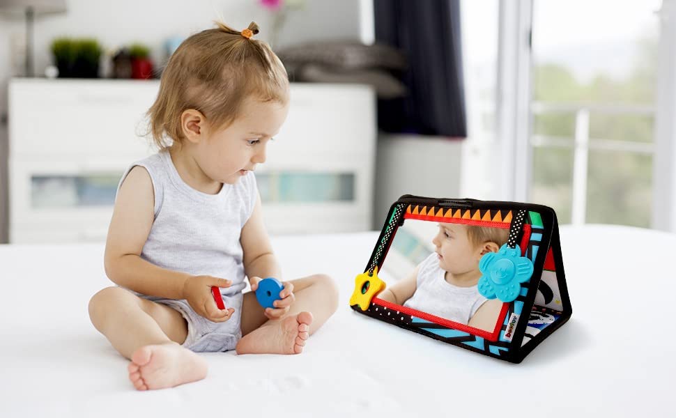 beetoy Tummy Time Mirror Toys, High Contrast Sensory Toys for Activity Montessori Newborn Toys with Crinkle Cloth Book & Teether for Foldable Baby Toys 0 3 6 Months