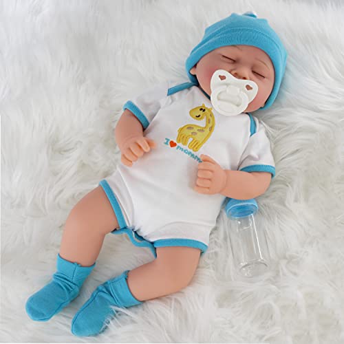 The Magic Toy Shop Bibi Doll - 17" Realistic Reborn Baby Doll Boy Handmade With Closed Sleeping Eyes, Pacifier, Baby Grow Outfit, Milk Bottle and Birth Certificate (Sleeping Boy)
