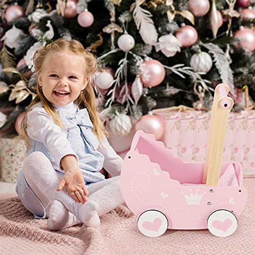 SOKA Wooden Push Along Pink Princess Doll Pram for Boys and Girls Pretend Play with Non-Slip Rimmed Wheels