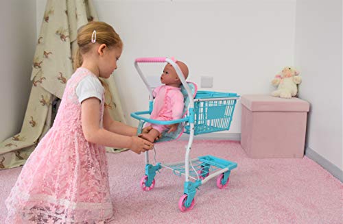 KOOKAMUNGA KIDS 2 in 1 Toy Shopping Cart with Hand Basket - Realistic Kids Grocery Cart with Baby Doll Front Seat Carrier - Toys for 2 to 7 Year Old Children - Blue Rainbow Colour