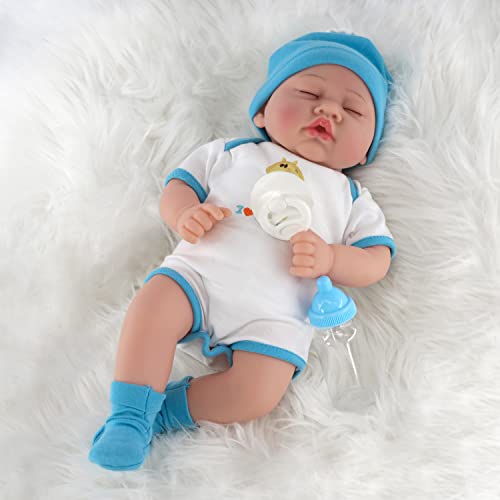 The Magic Toy Shop Bibi Doll - 17" Realistic Reborn Baby Doll Boy Handmade With Closed Sleeping Eyes, Pacifier, Baby Grow Outfit, Milk Bottle and Birth Certificate (Sleeping Boy)
