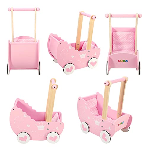 SOKA Wooden Push Along Pink Princess Doll Pram for Boys and Girls Pretend Play with Non-Slip Rimmed Wheels