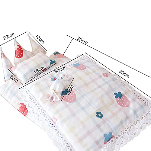 Doll Bedding Set, Cartoon Pattern Dolls Accessories Pillow And Blanket Set, Bedroom Furniture Accessory for Dolls, Washable Doll Bedding Set for Kids Pretend Play house Game Toy (A)