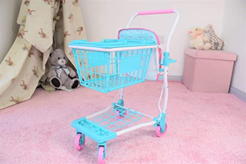 KOOKAMUNGA KIDS 2 in 1 Toy Shopping Cart with Hand Basket - Realistic Kids Grocery Cart with Baby Doll Front Seat Carrier - Toys for 2 to 7 Year Old Children - Blue Rainbow Colour