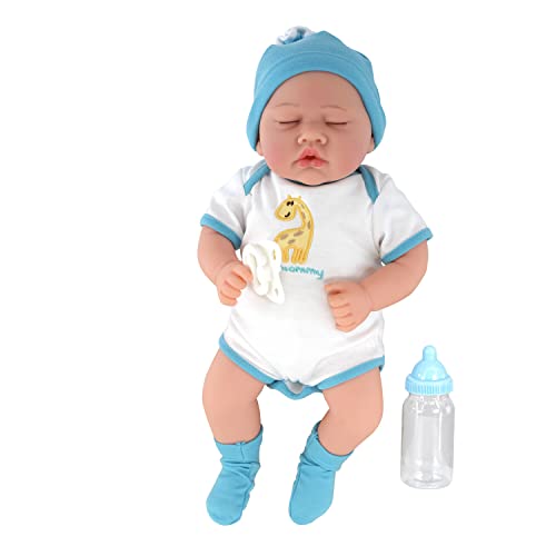 The Magic Toy Shop Bibi Doll - 17" Realistic Reborn Baby Doll Boy Handmade With Closed Sleeping Eyes, Pacifier, Baby Grow Outfit, Milk Bottle and Birth Certificate (Sleeping Boy)
