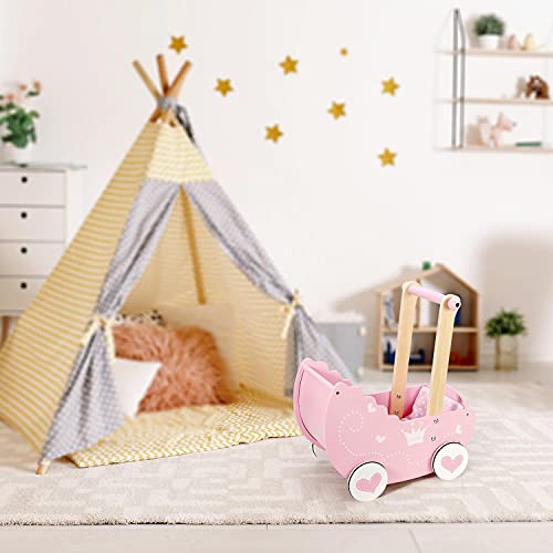 SOKA Wooden Push Along Pink Princess Doll Pram for Boys and Girls Pretend Play with Non-Slip Rimmed Wheels