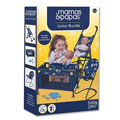 HTI Mamas & Papas Junior Nursery Bundle | 7 Piece Nursery Playset Doll Highchair, Feeding Set, Stroller & Cot Included | Prams, Pushchairs and Dolls Accessories For Kids Boys & Girls Age 3 Years+