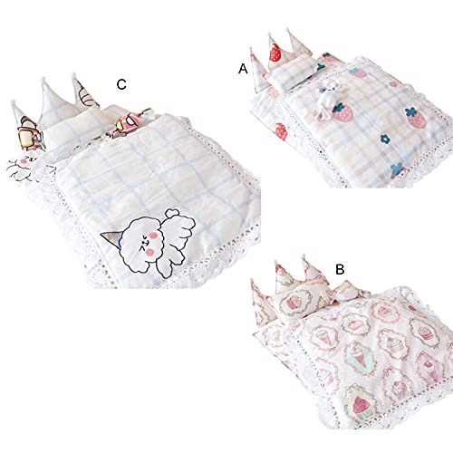 Doll Bedding Set, Cartoon Pattern Dolls Accessories Pillow And Blanket Set, Bedroom Furniture Accessory for Dolls, Washable Doll Bedding Set for Kids Pretend Play house Game Toy (A)