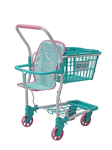 KOOKAMUNGA KIDS 2 in 1 Toy Shopping Cart with Hand Basket - Realistic Kids Grocery Cart with Baby Doll Front Seat Carrier - Toys for 2 to 7 Year Old Children - Blue Rainbow Colour