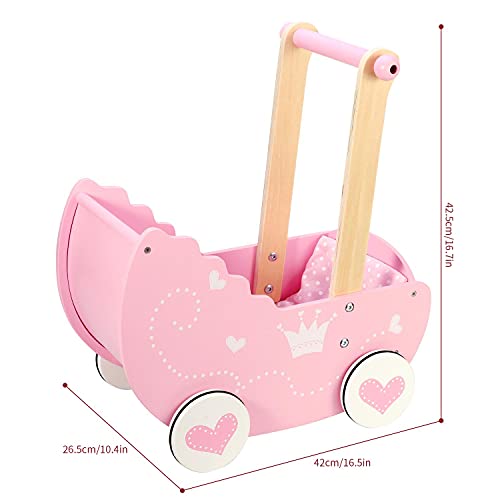 SOKA Wooden Push Along Pink Princess Doll Pram for Boys and Girls Pretend Play with Non-Slip Rimmed Wheels
