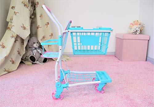 KOOKAMUNGA KIDS 2 in 1 Toy Shopping Cart with Hand Basket - Realistic Kids Grocery Cart with Baby Doll Front Seat Carrier - Toys for 2 to 7 Year Old Children - Blue Rainbow Colour