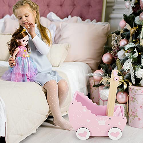 SOKA Wooden Push Along Pink Princess Doll Pram for Boys and Girls Pretend Play with Non-Slip Rimmed Wheels