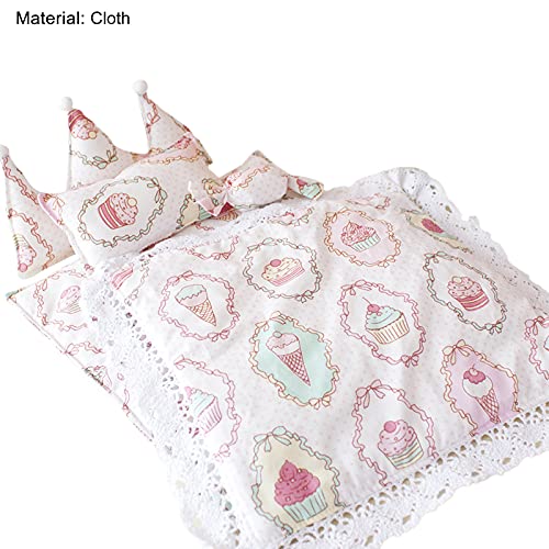 Doll Bedding Set, Cartoon Pattern Dolls Accessories Pillow And Blanket Set, Bedroom Furniture Accessory for Dolls, Washable Doll Bedding Set for Kids Pretend Play house Game Toy (A)