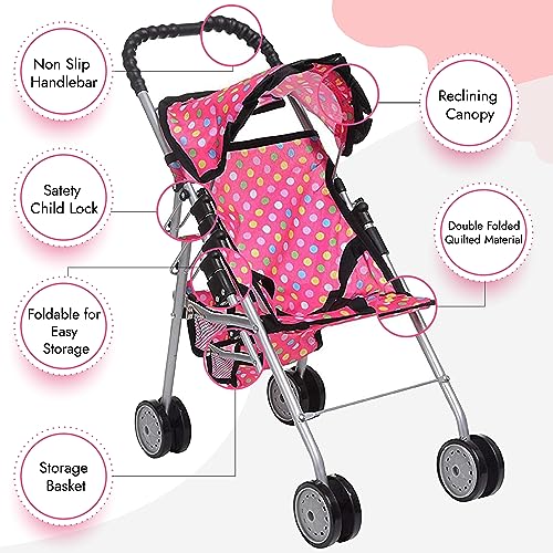 fash n kolor Doll Stroller with Basket - My First Baby Doll Umbrella Stroller - Pink Polka Dot Foldable Doll Pram Baby Doll Accessories Gift Toys for Girls with 2 Free Bonus Bottles