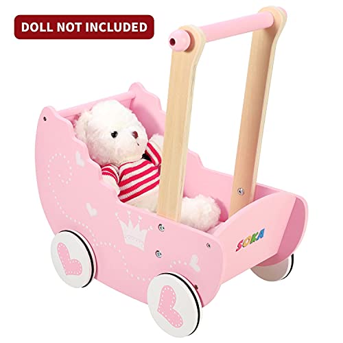 SOKA Wooden Push Along Pink Princess Doll Pram for Boys and Girls Pretend Play with Non-Slip Rimmed Wheels