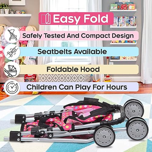 fash n kolor Doll Stroller with Basket - My First Baby Doll Umbrella Stroller - Pink Polka Dot Foldable Doll Pram Baby Doll Accessories Gift Toys for Girls with 2 Free Bonus Bottles