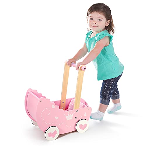 SOKA Wooden Push Along Pink Princess Doll Pram for Boys and Girls Pretend Play with Non-Slip Rimmed Wheels
