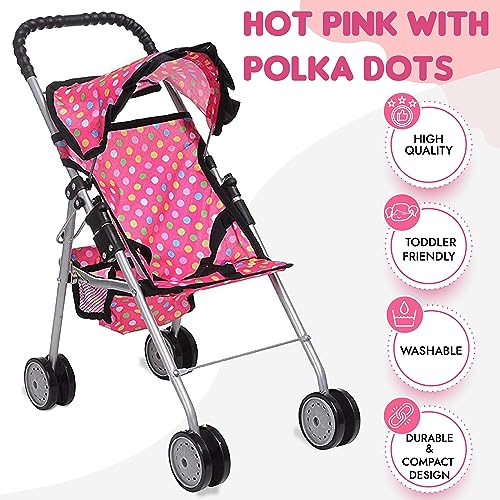 fash n kolor Doll Stroller with Basket - My First Baby Doll Umbrella Stroller - Pink Polka Dot Foldable Doll Pram Baby Doll Accessories Gift Toys for Girls with 2 Free Bonus Bottles