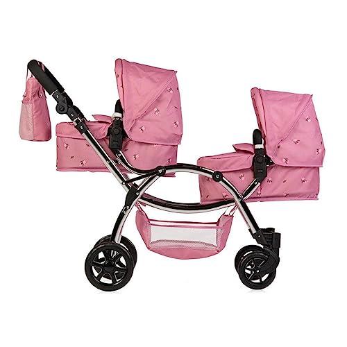 Roma Darcie Twin Dolls Pram in Pink, Suitable From 3 to 16 Years, Adjustable Handle Height, 16 Combinations, Double Dolly Toy Stroller For Christmas, Ideal For Reborn Dolls