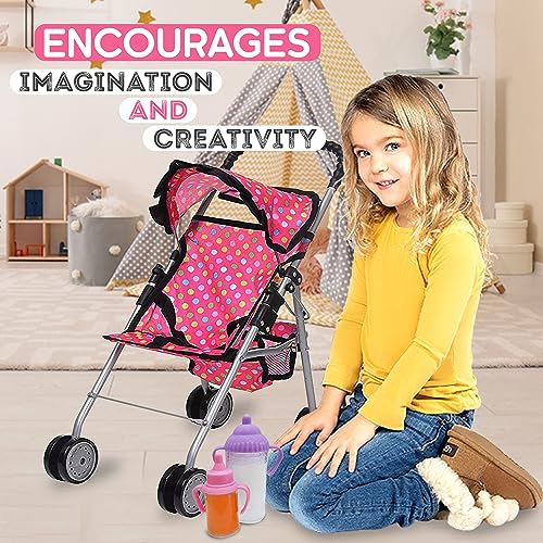 fash n kolor Doll Stroller with Basket - My First Baby Doll Umbrella Stroller - Pink Polka Dot Foldable Doll Pram Baby Doll Accessories Gift Toys for Girls with 2 Free Bonus Bottles