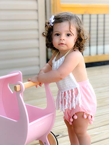 Moover Wooden Doll's Pram for Toddlers, Fully Assembled, Push Along Toy, High Quality Birch Wood Pram, 2 Years+, 46 x 44 x 25 cm, Baby Pink and Natural Wood